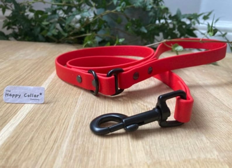 May include: Red rubber dog leash with a black metal clip. The leash has a black metal D-ring and is labeled "The Happy Collar Company".