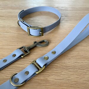 May include: A light purple leather dog collar and leash set with brass hardware. The collar has a buckle closure and the leash has a clip.