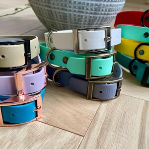 May include: A stack of colorful dog collars with different colored buckles. The collars are made of rubber and come in a variety of colors, including teal, lavender, mint green, yellow, and red.