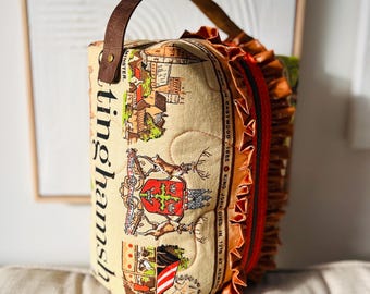 Vintage Linen Boxy Bag: Handmade Leather Handle, Ruffle Detail