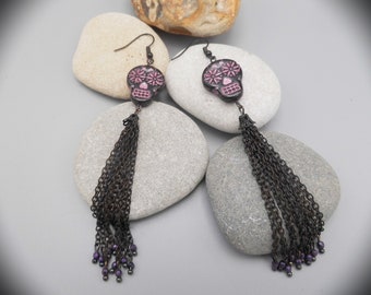 Purple pink shell earrings ceramic charms seaside ocean beach inspired jewellery lampwork beads czech glass jewelry unique sterling silver