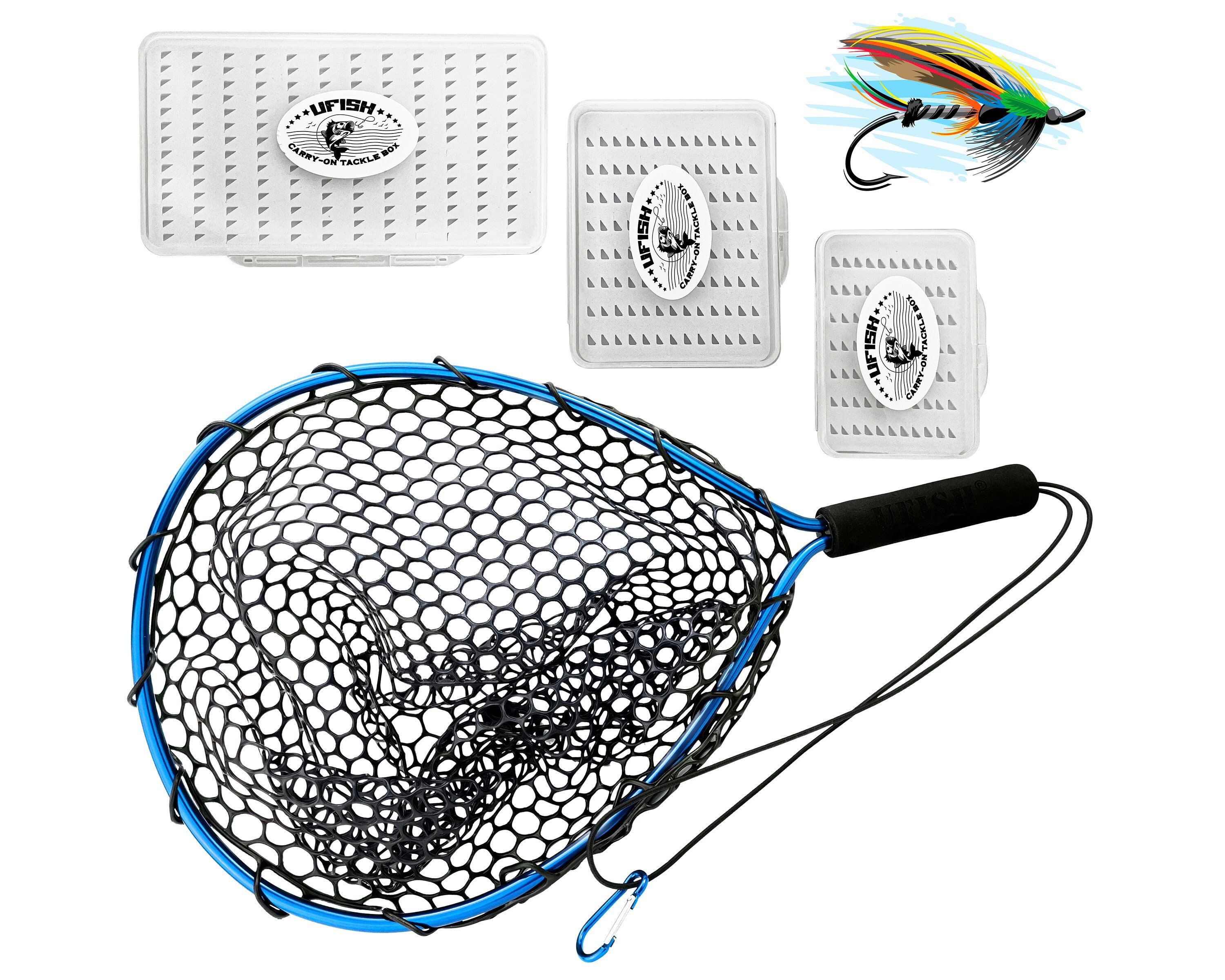 Solid Wood Stream Fly Fishing Net Curved Hanging Rubber Design Fly Fishing  Net with Magnetic Buckle, Carabiner, Rope
