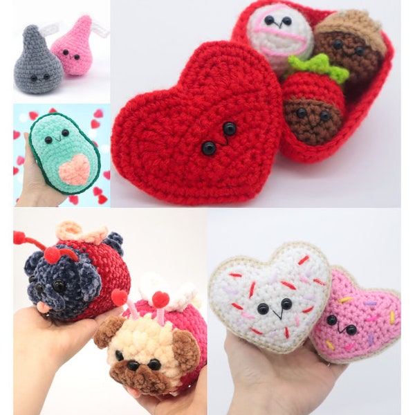 Valentines Day Bundle (Love Pugs, Box of Chocolates, Heart Sugar Cookies, Heart Avocado, Kisses) Crochet Pattern - PDF Digital File Tutorial