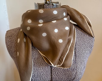 Vintage 1970’s all silk polka dot scarf in beige and white