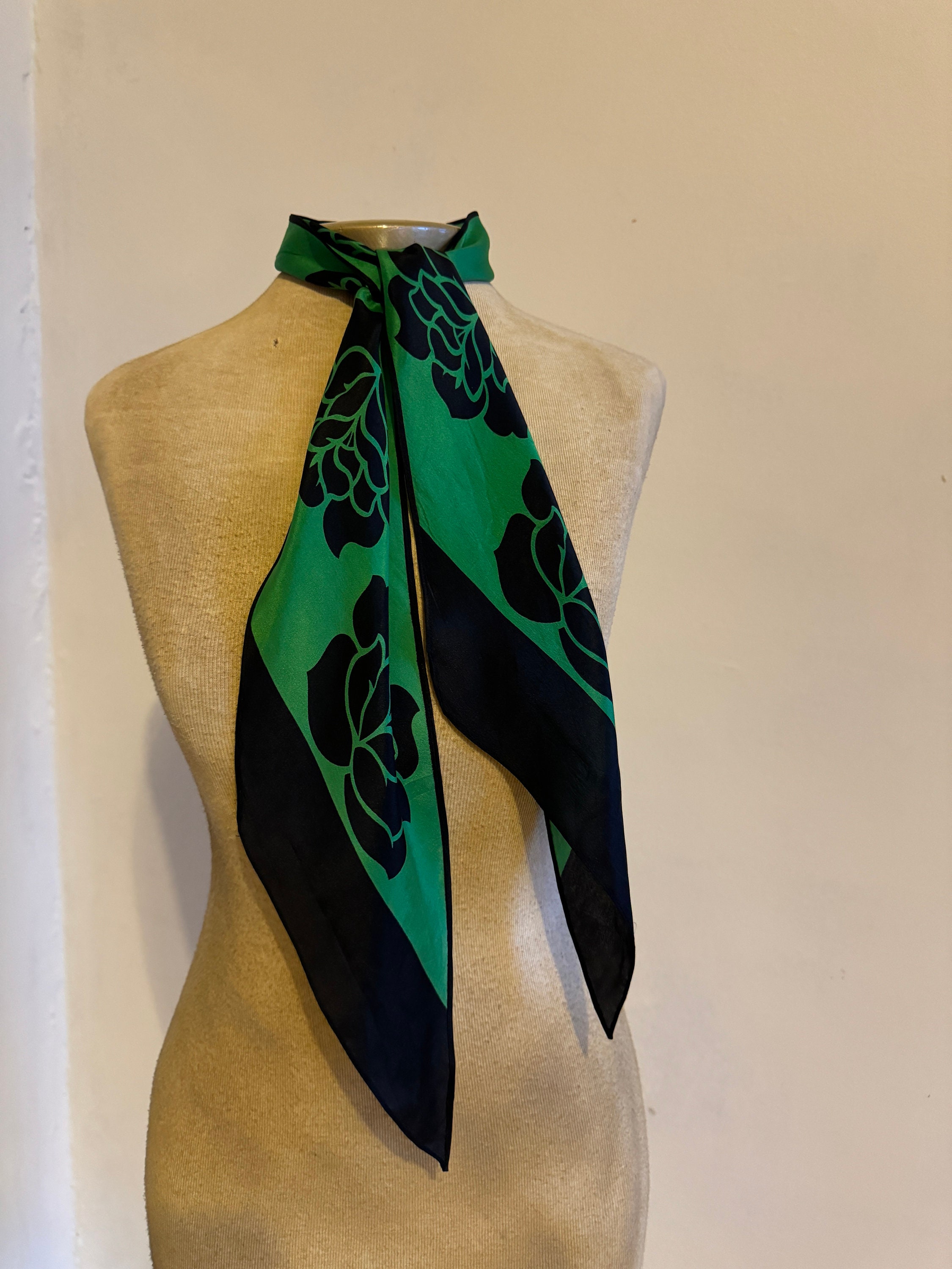 Long Vintage All Silk Green and Black Scarf With Flower