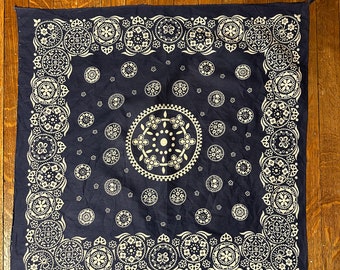 indigo vintage bandana with flower and butterfly motif