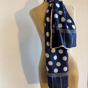 vintage all silk  blue and white polka dot long scarf