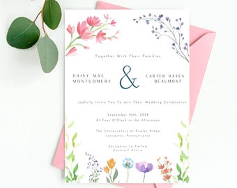 Editable Floral Wedding Invitation Template, Wildflower Wedding Invite Set, Colorful Botanical Wedding Suite, Instant Canva Download