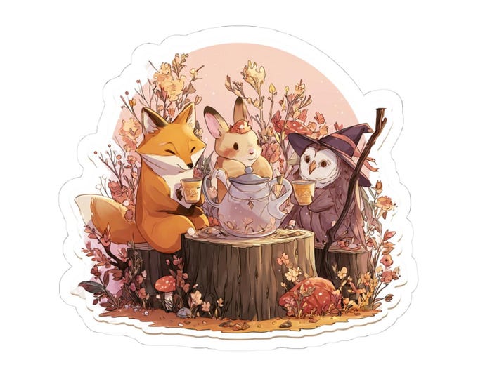 Whimsical Animal Tea Party Stickers, Cute Laptop Decor, Animal Lovers Gift, Nature Vibes, Fun Kids Stickers, Gift for Him/Her