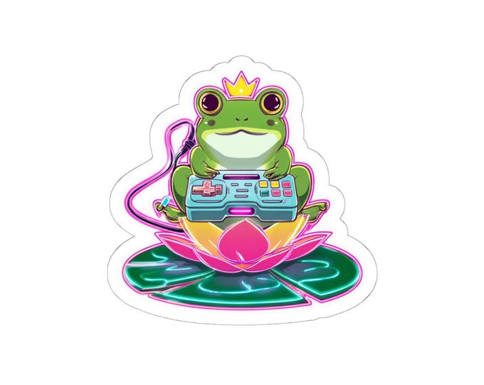 Frog Gamer Kiss-Cut Stickers, Cute Frog Sticker, Gaming Decor, Laptop Sticker, Fun Wall Art, Perfect Gift for Gamers