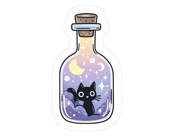 Whimsical Cat in a Bottle Stickers | Cute Laptop Decor, Gift for Cat Lovers, Aesthetic Craft Supplies, Halloween Party Favors