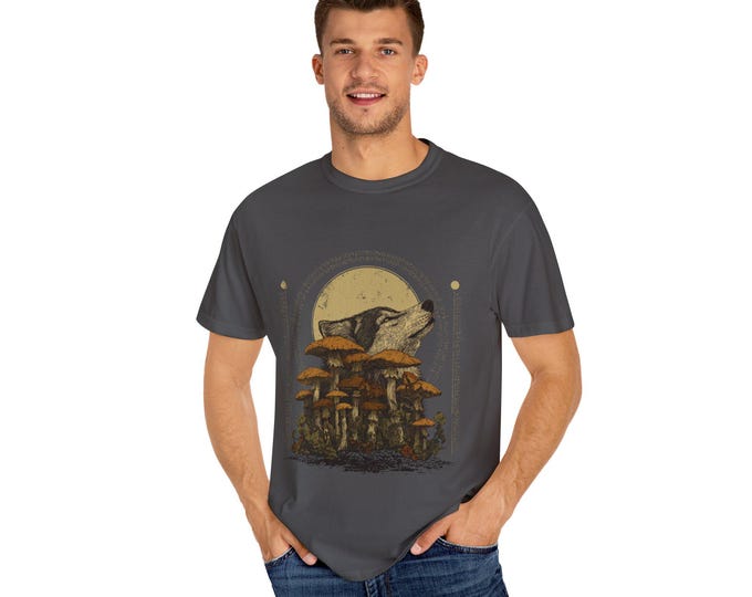 Nature-Inspired Wolf T-Shirt, Vintage Unisex Graphic Tee, Mushroom Art Shirt, Eco-Friendly Gift, Outdoor Lover Apparel