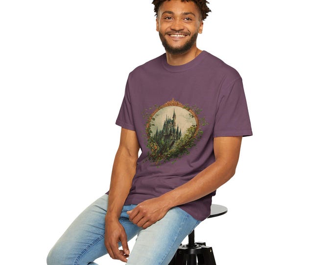 Enchanting Garden Castle T-Shirt, Vintage Art Unisex Tee, Eco-Friendly Casual Wear, Nature Lover Gift, Fantasy Graphic Apparel