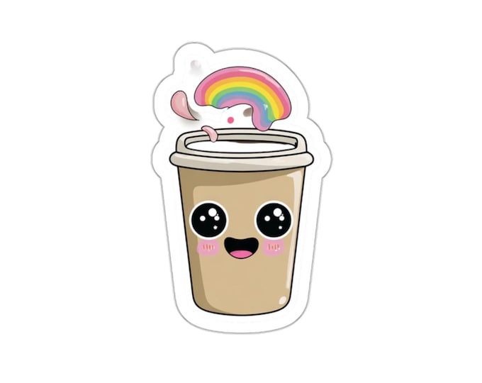 Cute Rainbow Unicorn Coffee Die-Cut Stickers, Kawaii Laptop Decals, Fun Gift, Aesthetic Stickers, Coffee Lover Decor
