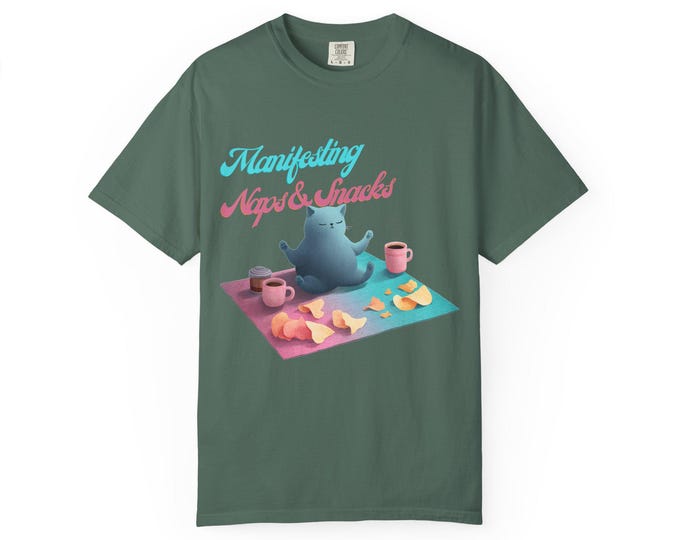 Meditating Cat Illustration T-shirt | Relaxing Tea Time Graphic