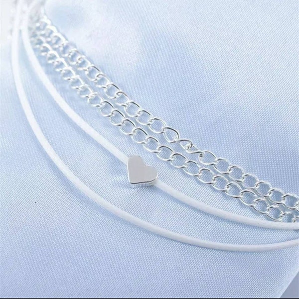 Silver Color Anklet, layered Anklet, Minimalist Heart Anklets for Women, Chain Beach Anklet, Foot Jewelry, Danity Chic Anklet, Wrap Anklet