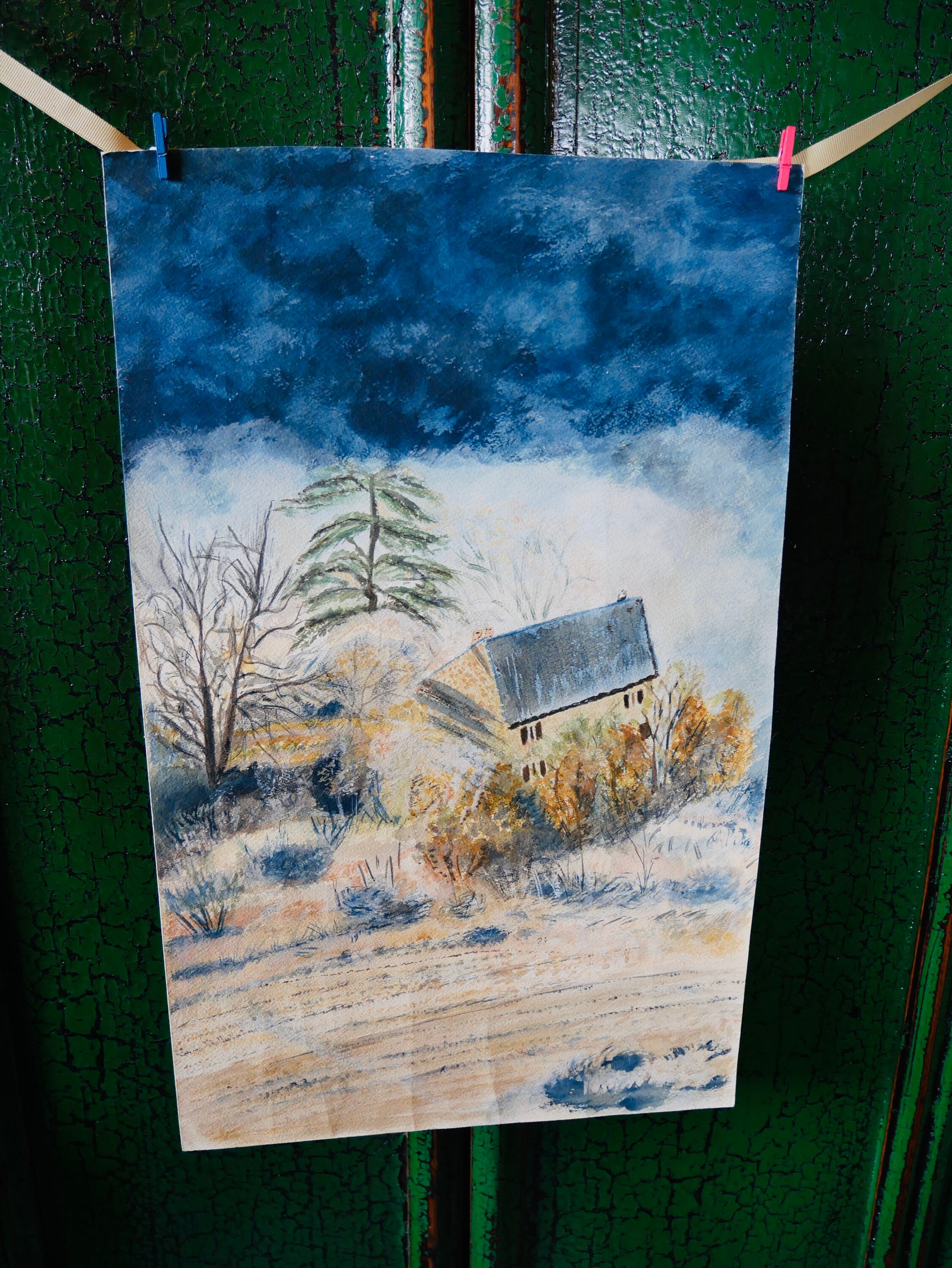 Peinture Paysage Maison Teinte Froide Aquarelle sur Canson