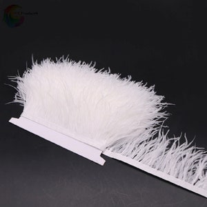 May include: White ostrich feather trim, a soft and fluffy feather trim for crafts and fashion projects.