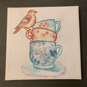 Teacup and Bird Embroidered Canvas