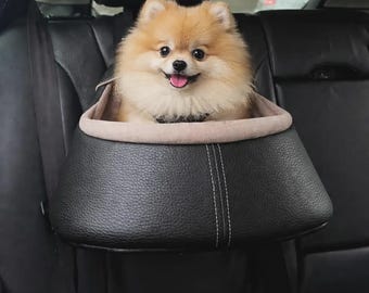 Luxury travel booster car seat for Yorkshire, Portable black fancy leatherette journey bag for puppy, Vegan leather carrier for small pets