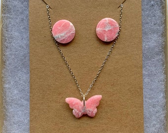 Faux Rose Quartz Butterfly Necklace and Stud Earrings Set