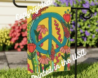 May include: A yellow garden flag with a blue peace sign surrounded by colorful flowers. The text "Copyrighted" and "Printed in the USA" is on the flag.