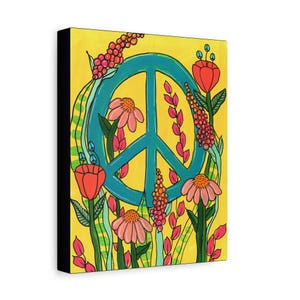 Peace Sign and Wild Flowers - 10 x 8&quot; Stretched Matte Canvas, Wall Print, Whimsical Floral Canvas Print, Hippie Trippy Boho