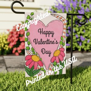 Valentine&#39;s Day Garden Flag: Pink Heart & Flowers, 18x12&quot;