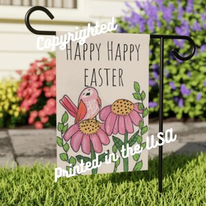 Happy Happy Easter - 18 x 12&quot; Garden & House Banner - Cute Little Bird and Flowers Yard Flag - Easter Garden Flag Banner