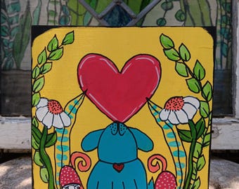 Whimsical Dog Folk Art -  Hand Painted Wood Painting (6x6")