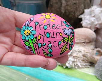 Protect Your Peace - Hand-Painted Stone, Miniature Rock Painting, Joy Stone