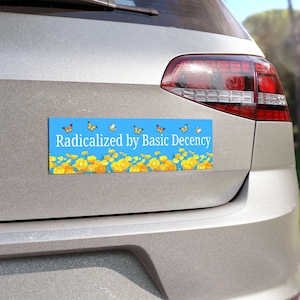 May include: A rectangular bumper sticker with a light blue background. The text "Radicalized by Basic Decency" is in white. The top of the sticker has butterflies, and the bottom has yellow flowers. The sticker is attached to the back of a silver car.