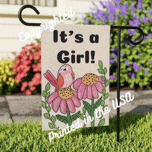 It&#39;s A Girl  - 18 x 12&quot; Garden & House Banner - Cute Little Bird and Flowers Yard Flag - New Baby Girl Announcement Flag Banner