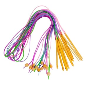 May include: A set of yellow crochet hooks attached to long, flexible, translucent plastic cords in shades of pink, purple, and green. Each cord terminates in a small, light-colored wooden bead, creating a colorful collection of crafting tools.