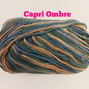 May include: A skein of yarn labeled Capri Ombre featuring a multi-colored twisted strand design in shades of tan, forest green, and deep blue. The yarn is wound into a compact, oval-shaped bundle with visible texture and consistent fiber thickness.