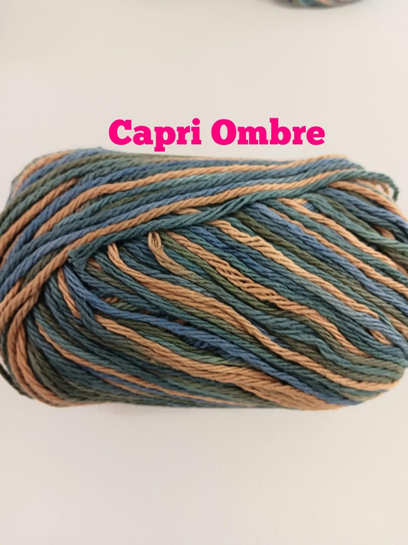 May include: A skein of yarn labeled Capri Ombre featuring a multi-colored twisted strand design in shades of tan, forest green, and deep blue. The yarn is wound into a compact, oval-shaped bundle with visible texture and consistent fiber thickness.