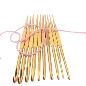 May include: A set of ten gold-colored metal crochet hooks arranged in a fan shape, each featuring the brand name SKC and a size number engraved on the handle. A single strand of light pink yarn is looped loosely around the collection of hooks.