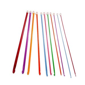 May include: A set of eleven long, slender crochet hooks in a variety of vibrant colors including red, purple, orange, blue, pink, and green. Each hook features a smooth, metallic finish and a small white plastic cap at the top end of the shaft.