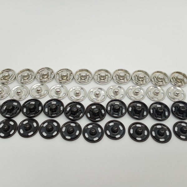 10 Sets of sew-on snap buttons 10mm, Metal snap fasteners, Sewing buttons, Press studs, Clothing buttons, Available in black and silver