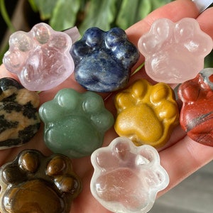 May include: A collection of nine gemstone paw print carvings in various colors and patterns. The gemstones include pink, blue, clear, yellow, green, brown, and red. The carvings are held in a hand, with a green leafy plant in the background.