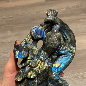 2.9lb Labradorite Peacock Crystal Carving | Carved and Polished Natural Stone Peacock on a Branch | Metaphysical Animal Witchy Home Decor