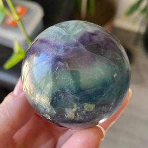 Fluorite Sphere Green and Purple and Yellow Crystal | Carved and Polished Natural Fluorite Stone | Metaphysical Witchy Home Decor