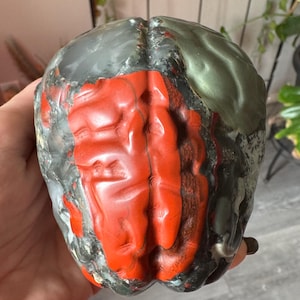Può includere: Un'esclusiva scultura a forma di cervello con una sorprendente tavolozza di colori. La scultura presenta un'area centrale rossa vibrante, contrastata da un esterno grigio e verde. Il pezzo ha una superficie strutturata.