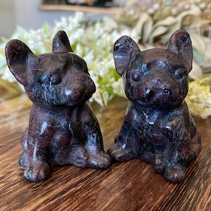 Garnet Dog Crystal | Natural Stone Carved and Polished French Bulldog Boston Terrier | Metaphysical Animal Home Decor