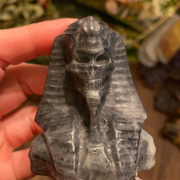 Labradorite Pharoah Skull Crystal Carving | Carved and Polished Natural Stone Egyptian Skeleton | Metaphysical Witchy Home Decor