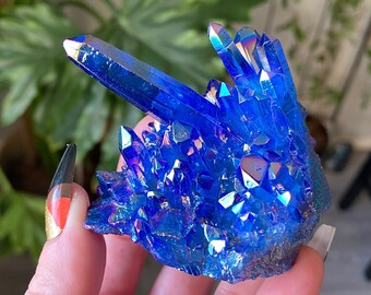 Blue Aura Quartz Crystal Cluster | Natural Stone with Metal Aura Coating | Metaphysical Healing and Home Decor