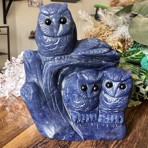 2.8lb Blue Aventurine Owl Family Crystal | Natural Carved and Polished Stone Owls in a Tree | Metaphysical Witchy Animal Home Decor