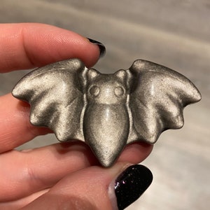 Black Obsidian Bat Crystal | Natural Carved and Polished Stone Silver Gold Sheen Bat | Metaphysical Witchy Animal Decor & Pocket Gemtone