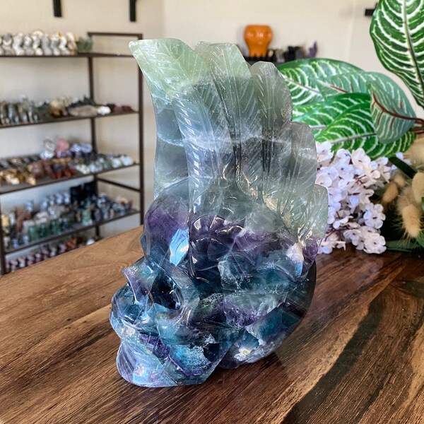 6.4lb Fluorite Crystal Skull with Wings Large XL | Natural Stone Carved and Polished Human Skull Mohawk | Metaphysical Witchy Home Decor