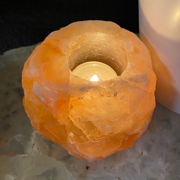 Himalayan Salt Crystal Candle Holder | Natural Stone Hollowed Tea Light Holder | Metaphysical Healing and Home Decor